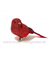 Vtáčik na štipci s perím a glitrovým náterom červený 9cm