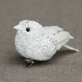Vtáčik na štipci glitrovaný biely 18cm