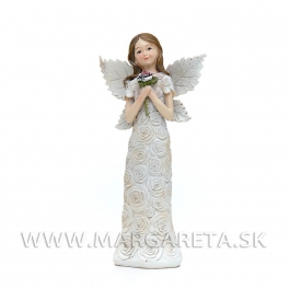 Anjel v kvetinových šatách s ružou na hrudi krémový 20cm