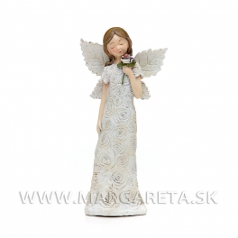 Anjel v kvetinových šatách voňajúci ružu krémový 20cm