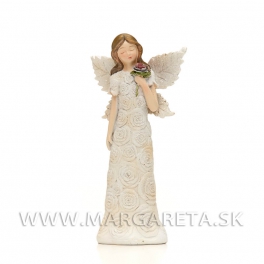 Anjel v kvetinových šatách s ružou na pleci krémový 15cm
