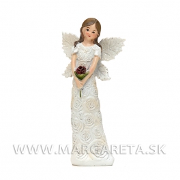 Anjel v kvetinových šatách držiaci ružu krémový 15cm