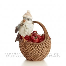 Zimný vtáčik na košíku s ovocím - pokladnička 15cm