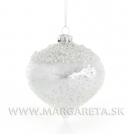 Sklenená Vianočná ozdoba cibuľka zamrazený ľad s perličkami a flitrami bielo strieborná 10cm
