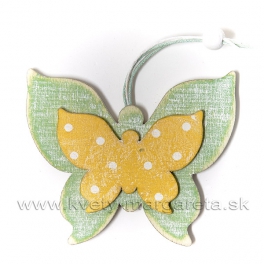 Drevený závesný motýľ dvojvrstvový zeleno-žltý 9cm