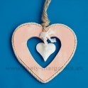 Drevené srdce s plechovým srdiečkom 13cm Rúžovo - biele zľava  - 30%