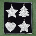 Závesné plechové srdce-hviezda-strom s ornamentmi 6.5cm sada 4 kusy