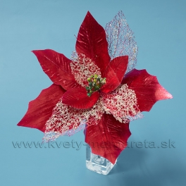 Vianočná ruža Poinsecia dýhové listy metalizované červená 25cm výpredaj 50%