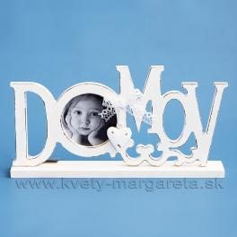 Fotorámček vyrezávaný text DOMOV so srdiečkom biela patina 18cm