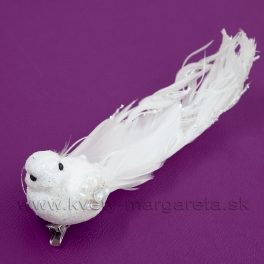 Vtáčik Glitter na štipci dlhý pierkový chvost s perličkami 15cm biely