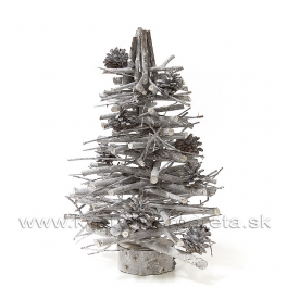 Zimný ozdobný stromček etážované prútie so šiškami Antik biela s glitrom 50cm