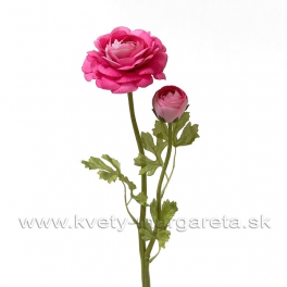 Kvet Ranunculus umelý dvojhlavý s listami 50cm Fuxiová-zľava 30%
